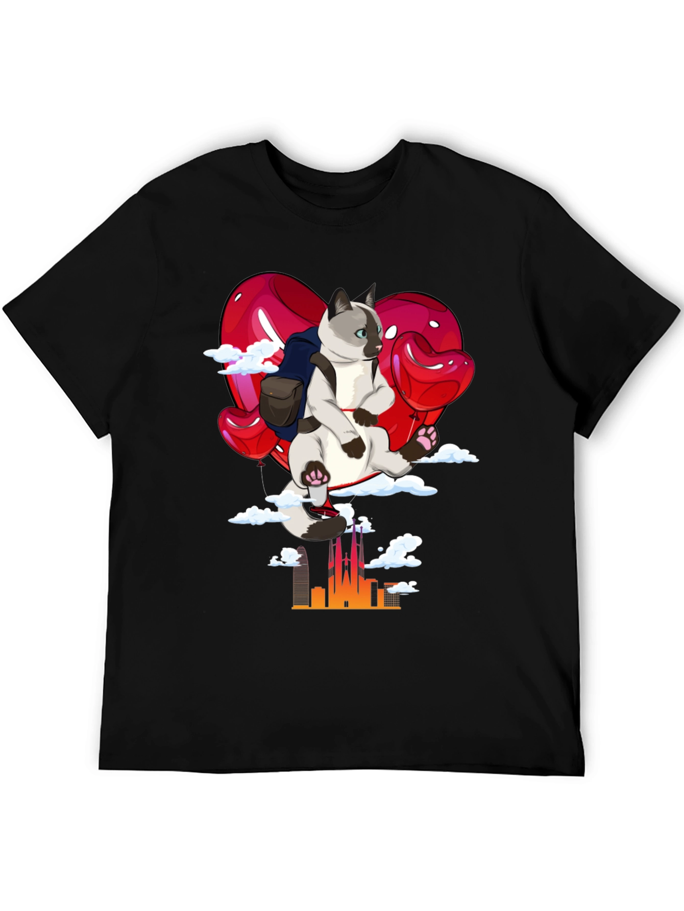 Cat Travel T-Shirt: Siamese on Balloon Adventure