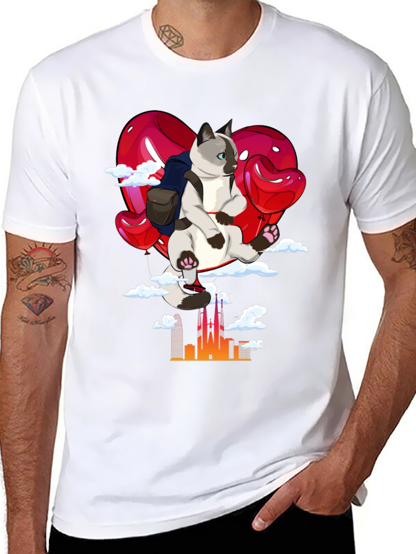 Cat Travel T-Shirt: Siamese on Balloon Adventure