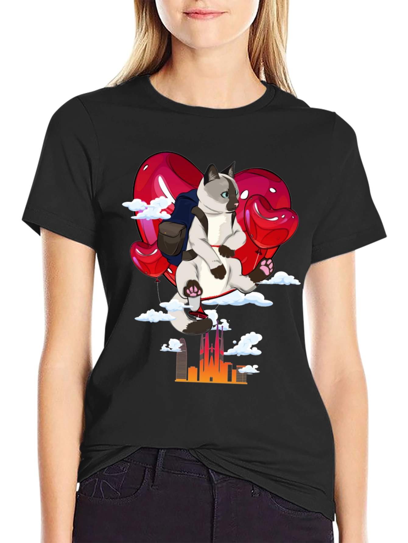 Cat Travel T-Shirt: Siamese on Balloon Adventure