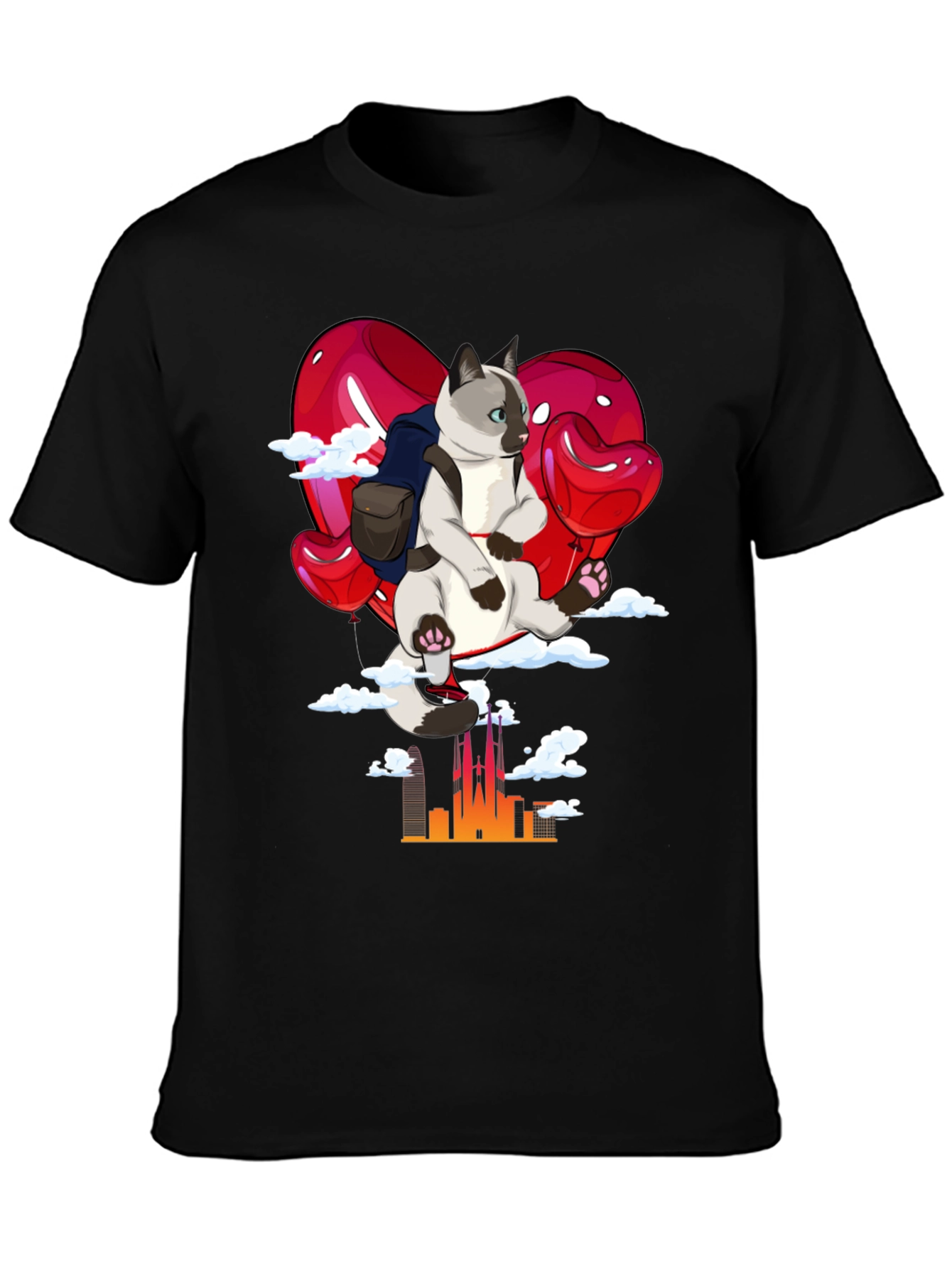 Cat Travel T-Shirt: Siamese on Balloon Adventure