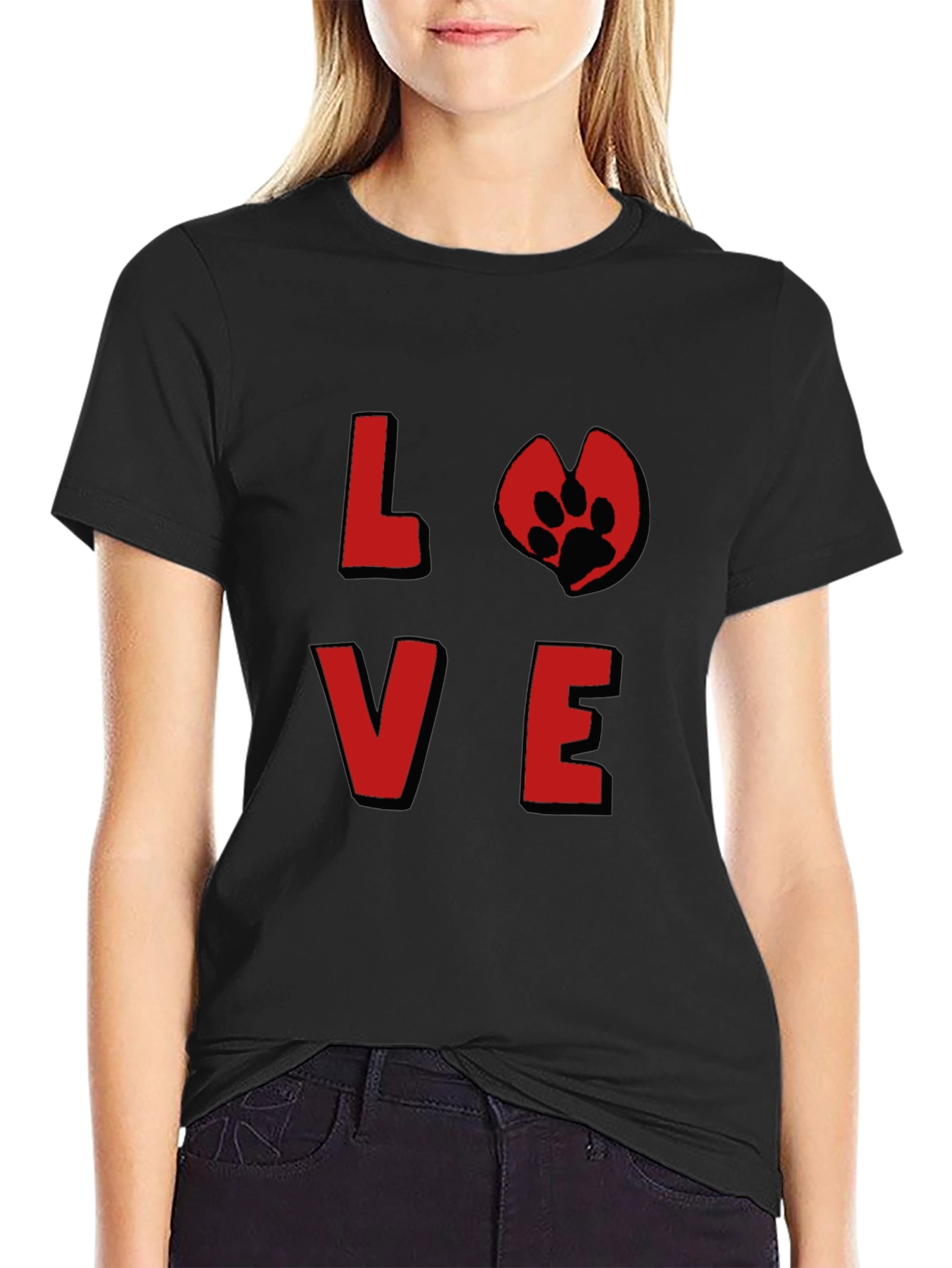Love Paw Print Graphic Tee - Black Cotton T-Shirt