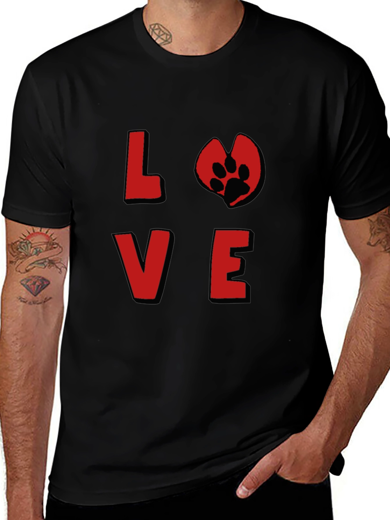 Love Paw Print Graphic Tee - Black Cotton T-Shirt