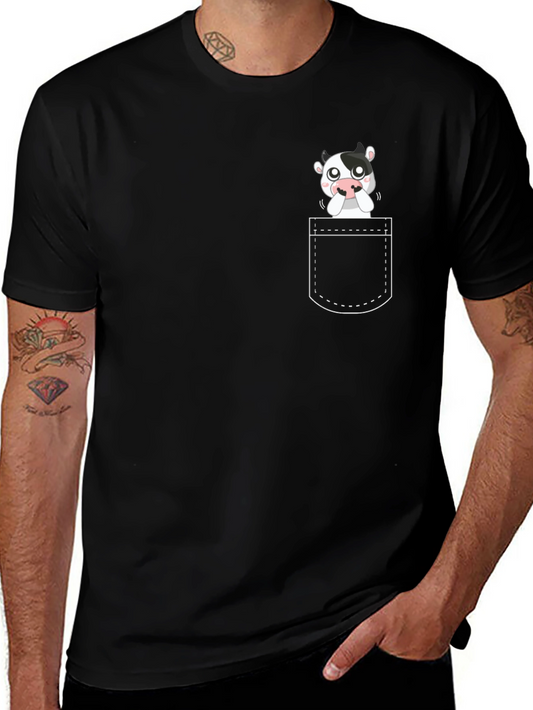 Cute Cow Pocket Graphic Tee - Black Cotton Comfort