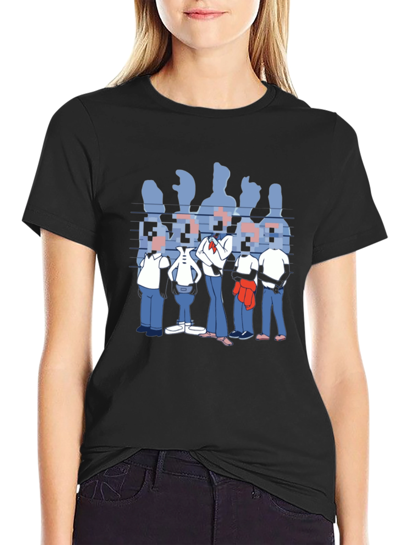 Pixelated Faces Graphic Black T-Shirt