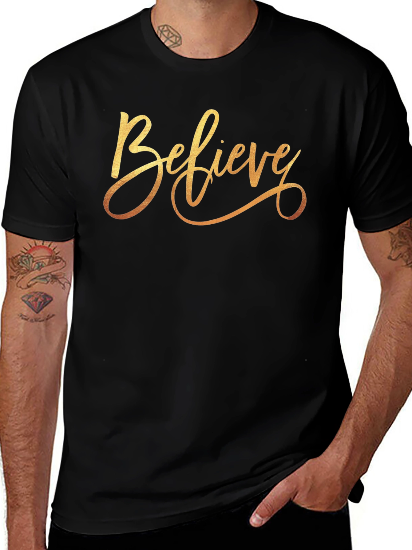 Believe Gold Script Black T-Shirt