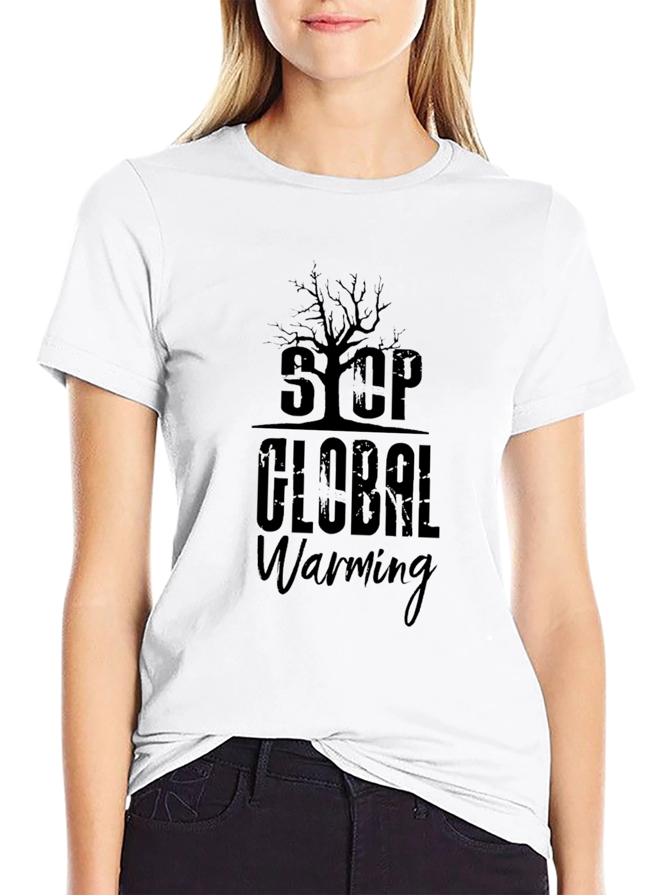 Stop Global Warming Graphic Print Black T-Shirt