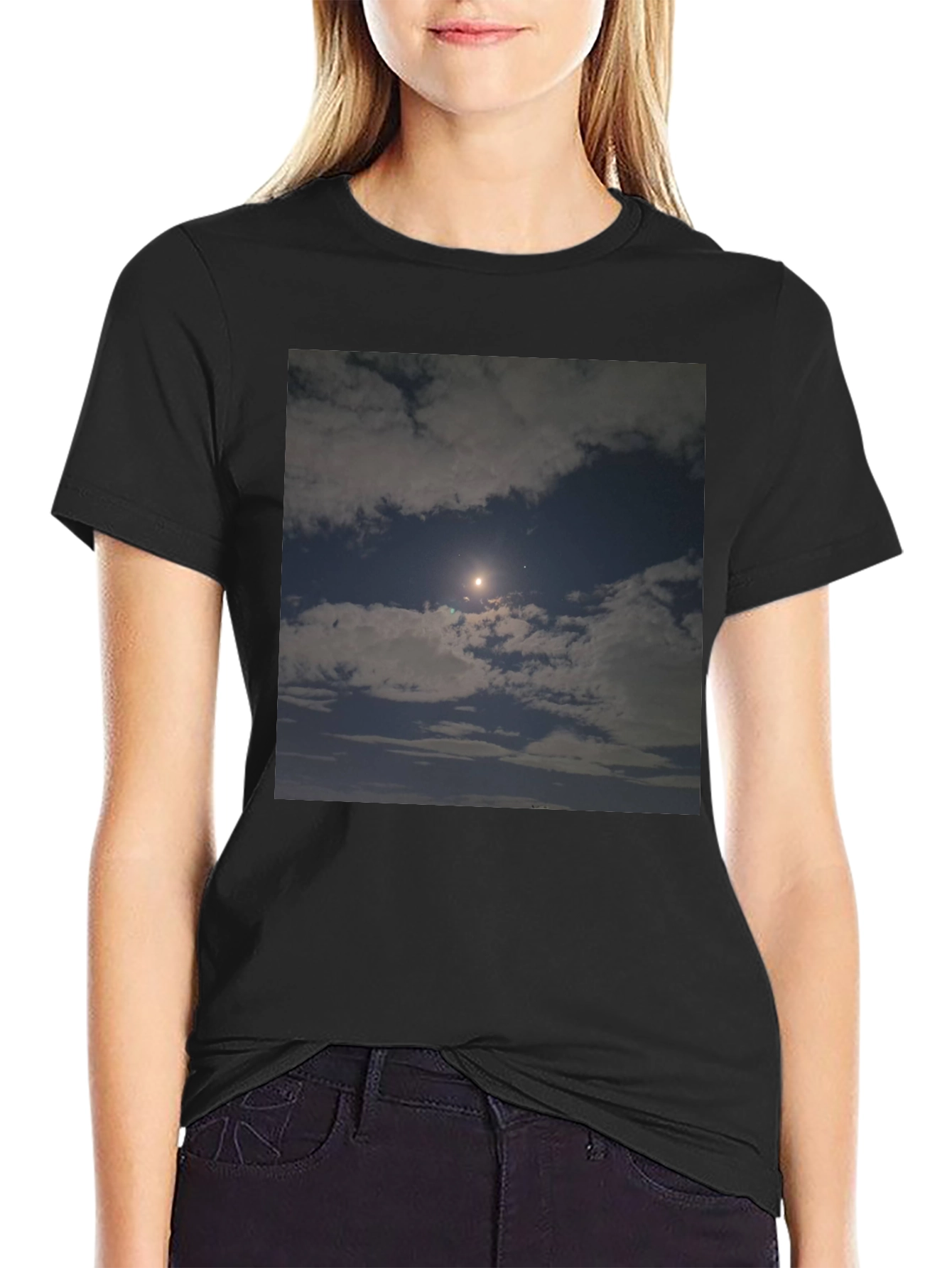 Night Sky Moon Cloud Graphic Black Tee