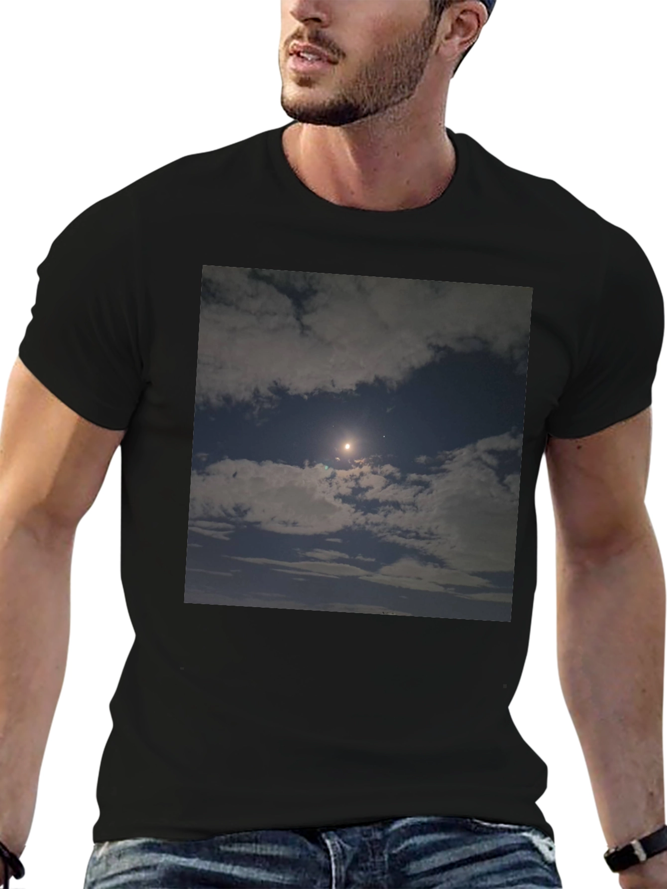 Night Sky Moon Cloud Graphic Black Tee