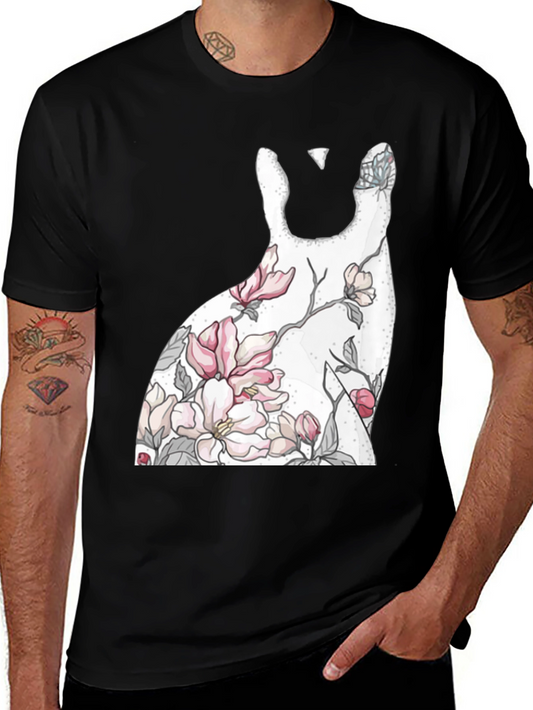 Floral Cat Graphic Tee - Modern Print Black Short Sleeve T-Shirt