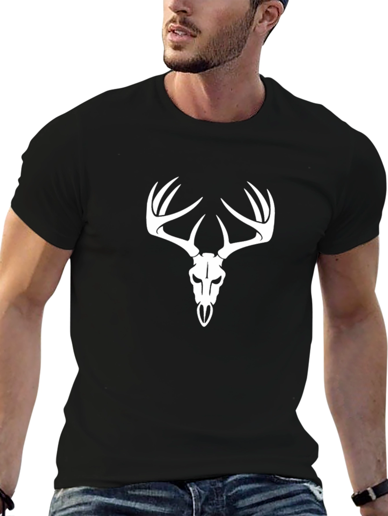 Mens Black T-Shirt with Deer Skull Design