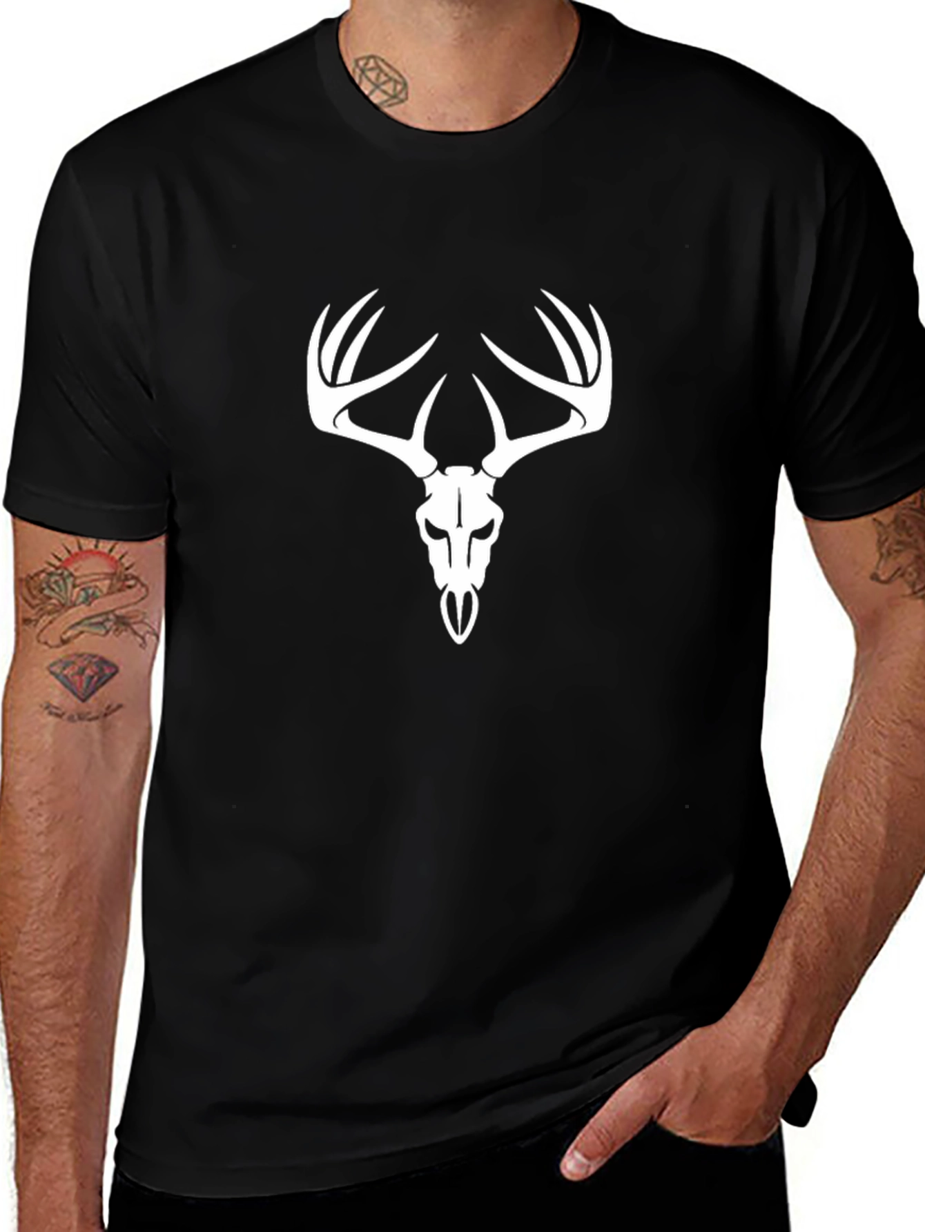 Mens Black T-Shirt with Deer Skull Design