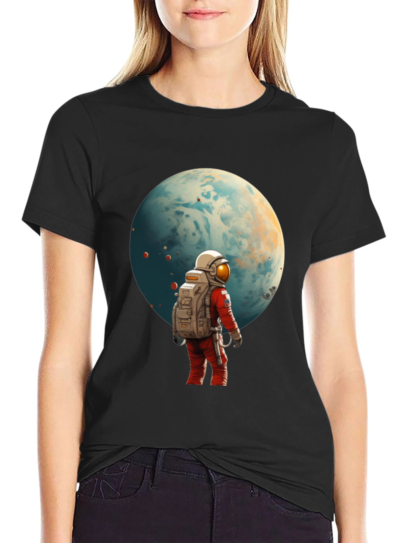 Astronaut Planet Graphic Tee - Black Cotton Blend