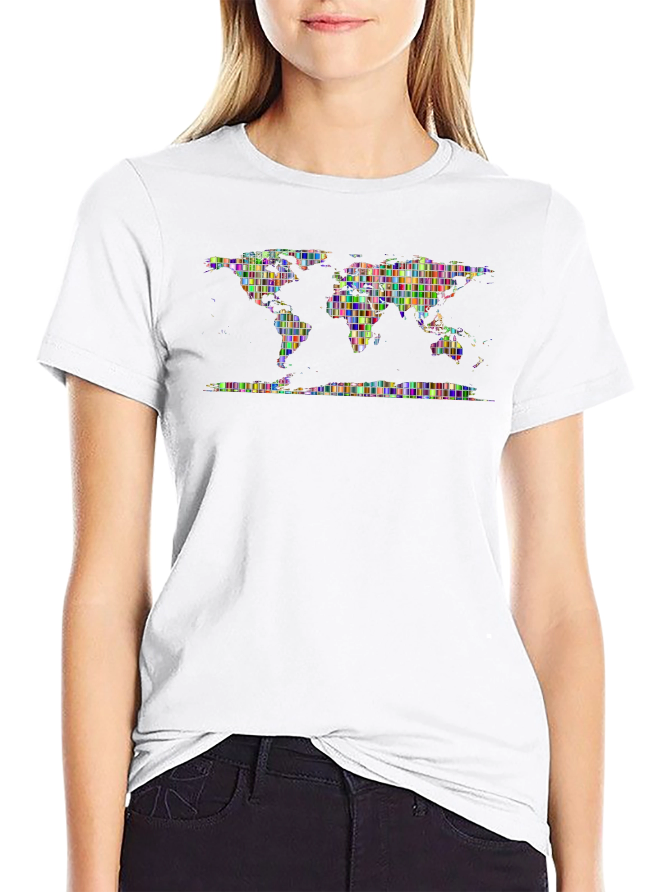 Pixelated World Map Graphic Print T-Shirt