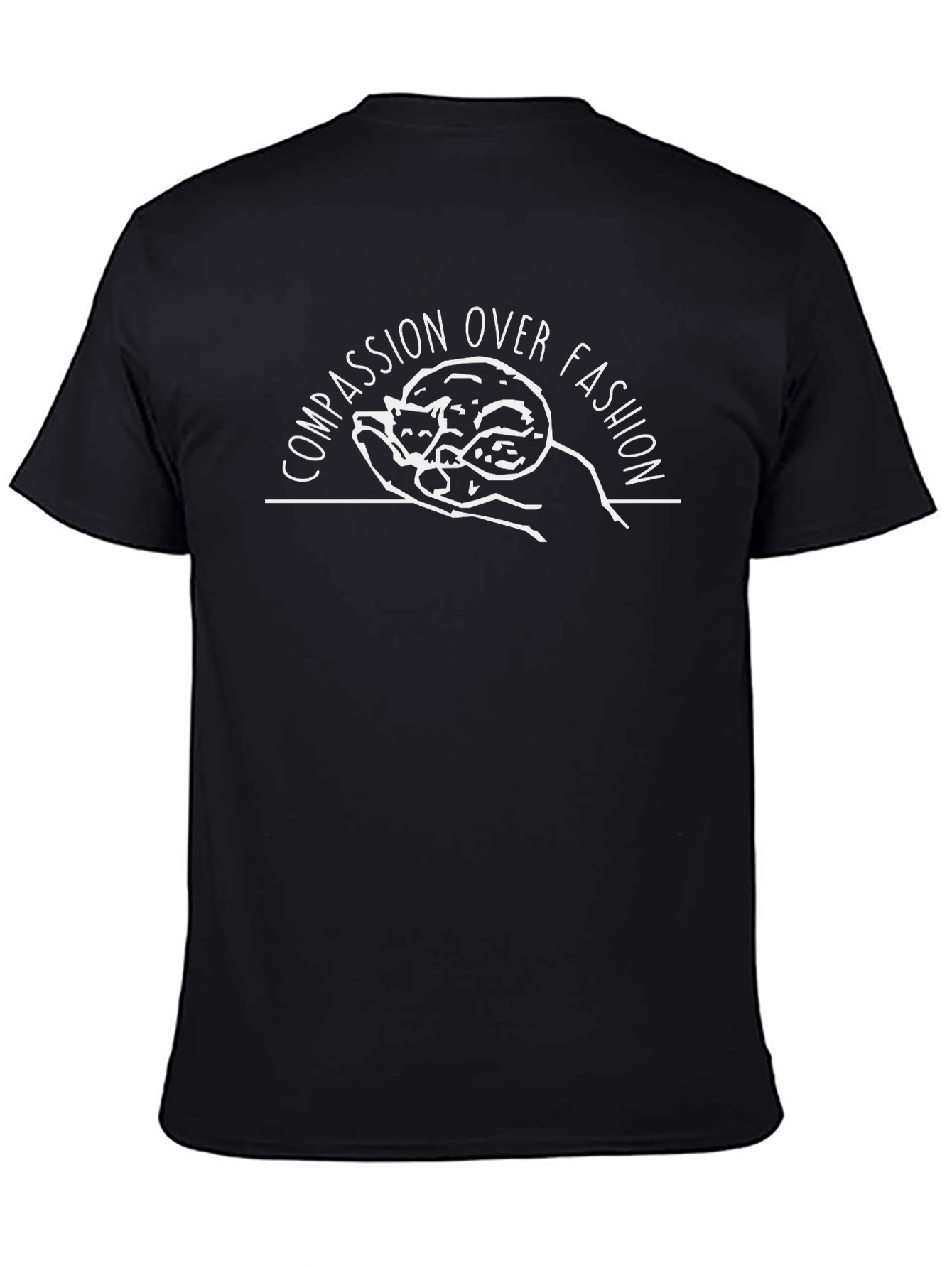 Compassion Over Fashion Black T-Shirt with Cat Graphic