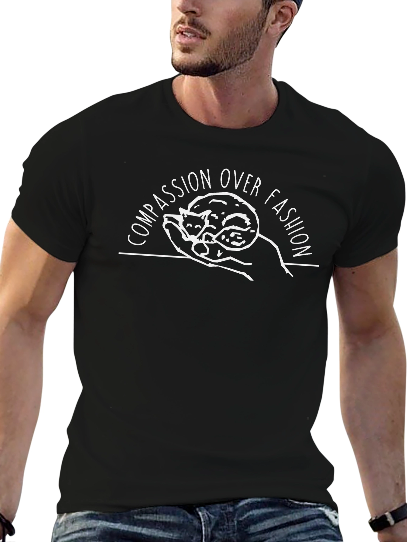Compassion Over Fashion Black T-Shirt with Cat Graphic