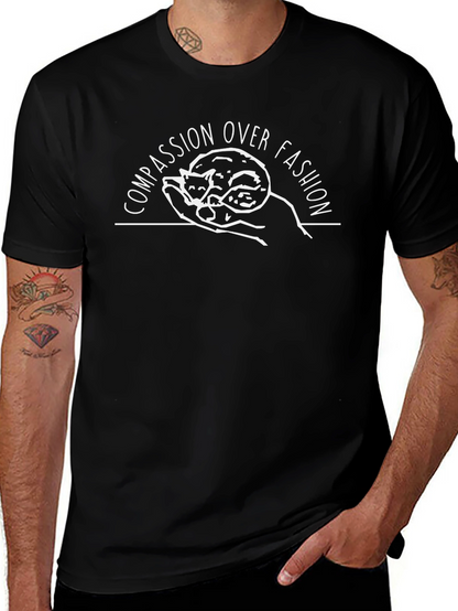 Compassion Over Fashion Black T-Shirt with Cat Graphic