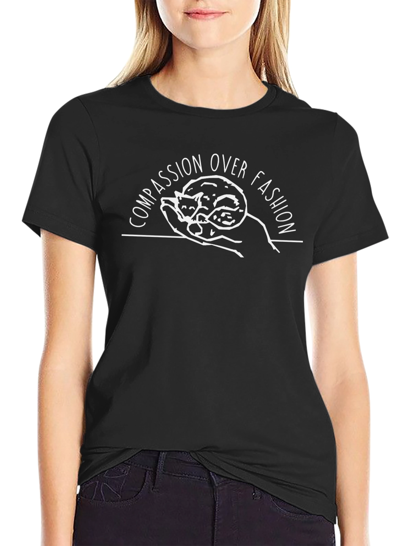 Compassion Over Fashion Black T-Shirt with Cat Graphic