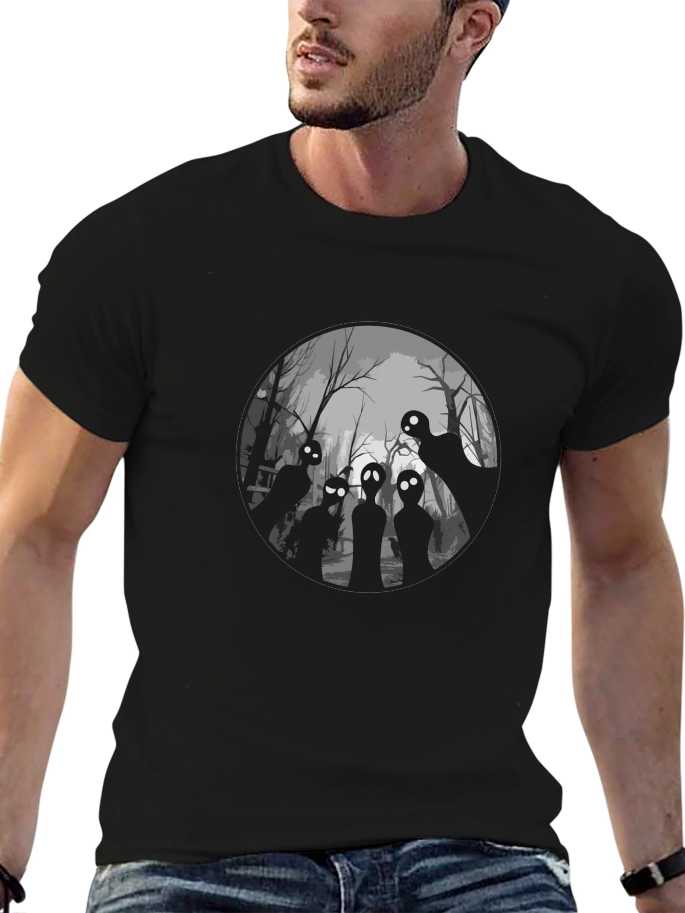 Spooky Forest Graphic Tee - Black Cotton T-Shirt