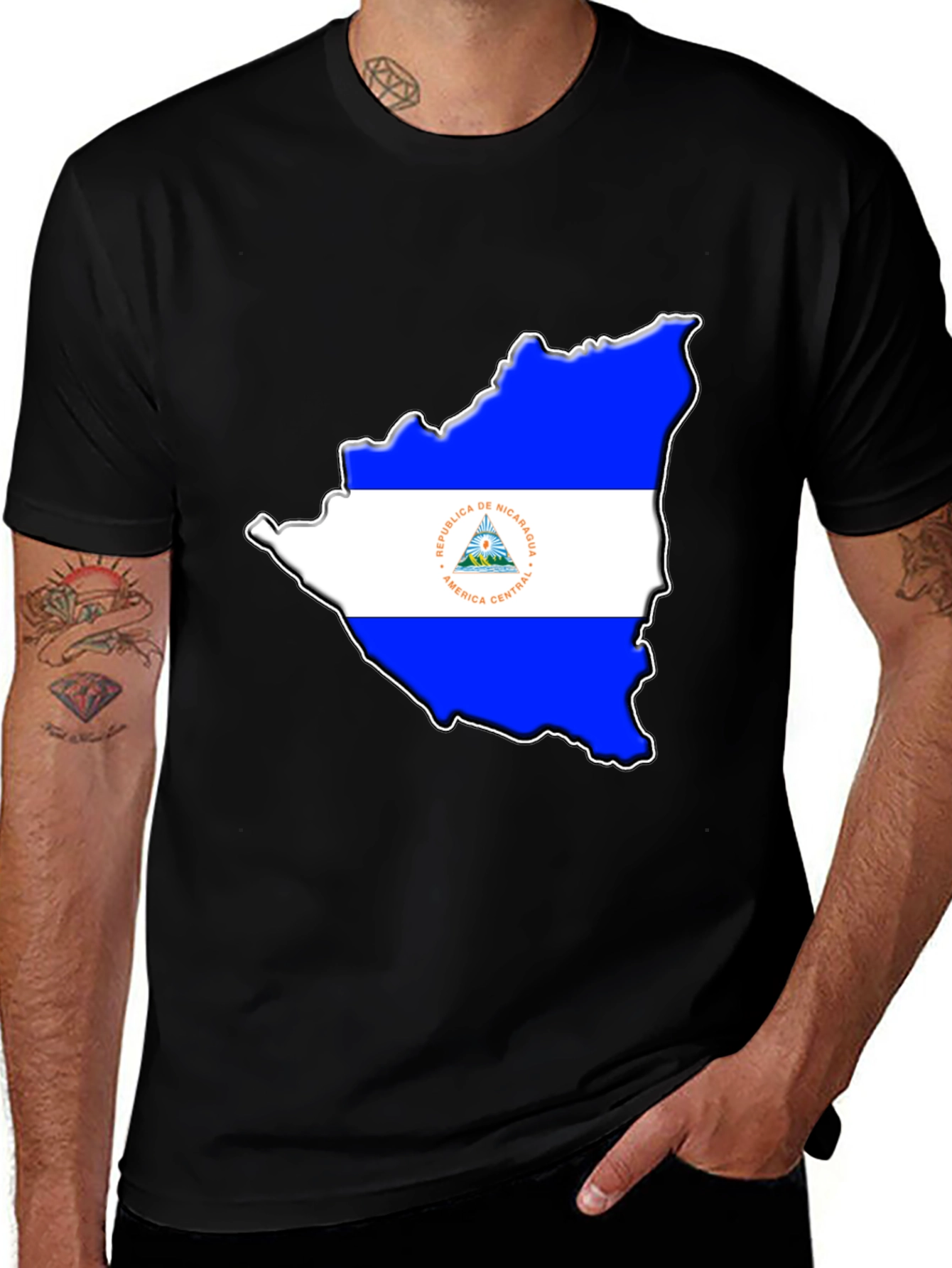 Nicaragua Flag Map Black T-Shirt