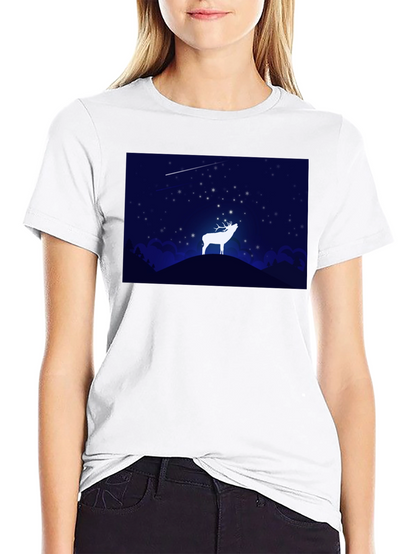 Starry Night Deer Graphic Black T-Shirt