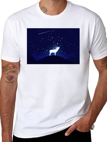 Starry Night Deer Graphic Black T-Shirt