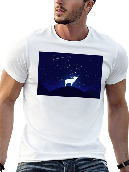Starry Night Deer Graphic Black T-Shirt