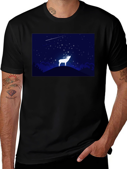 Starry Night Deer Graphic Black T-Shirt