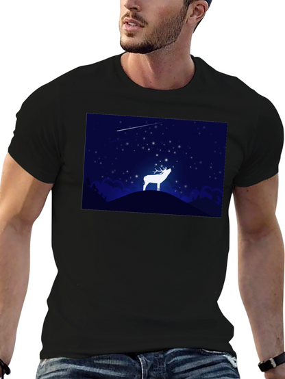 Starry Night Deer Graphic Black T-Shirt