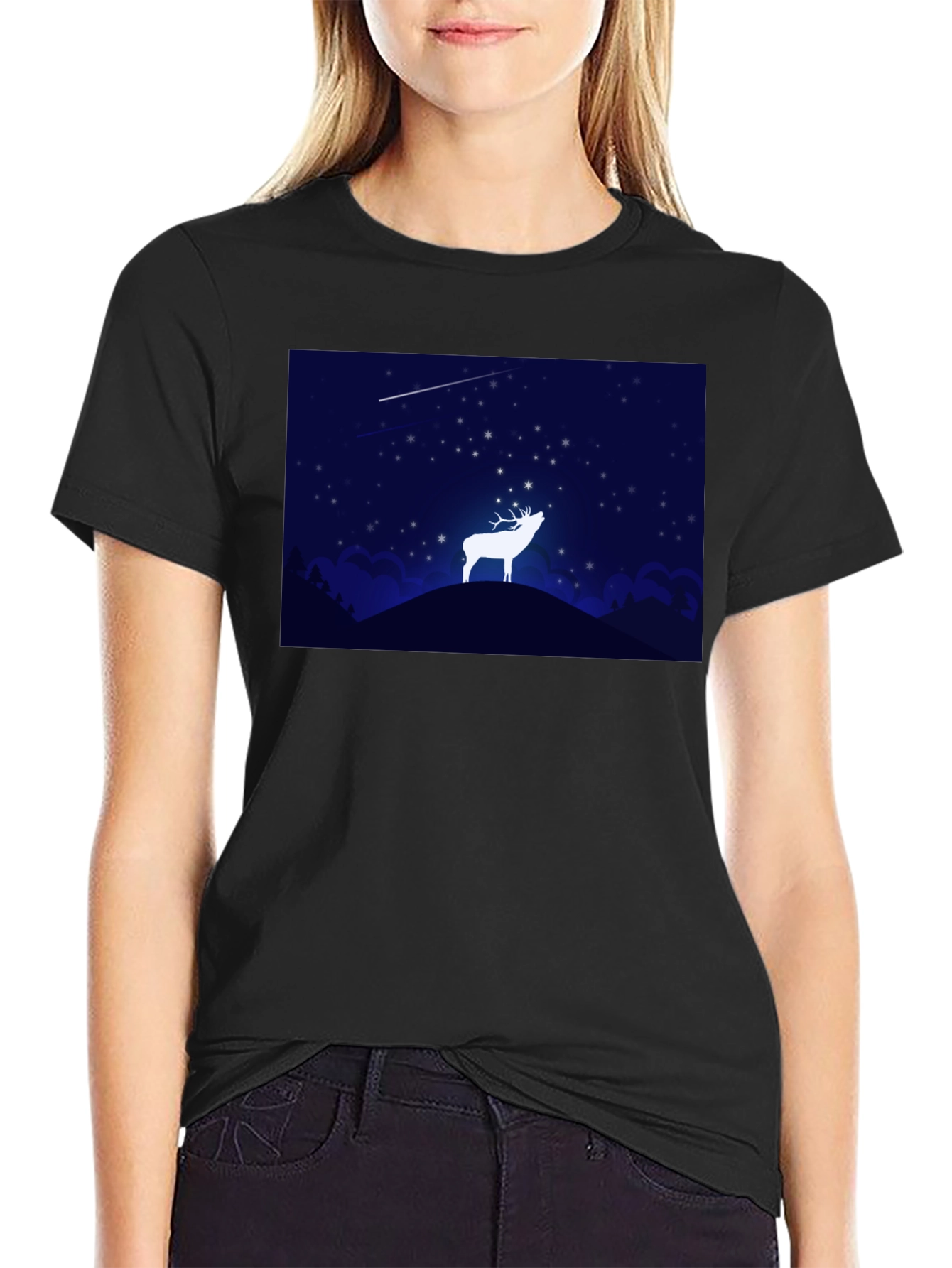 Starry Night Deer Graphic Black T-Shirt