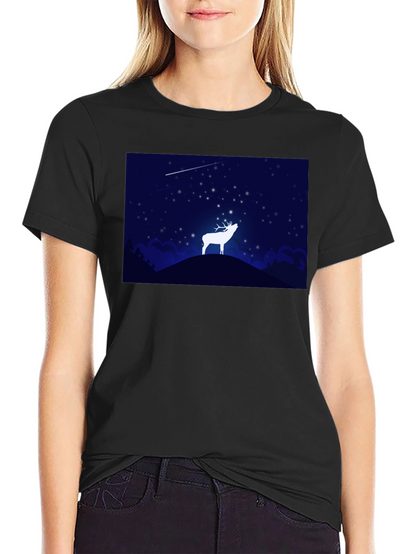 Starry Night Deer Graphic Black T-Shirt