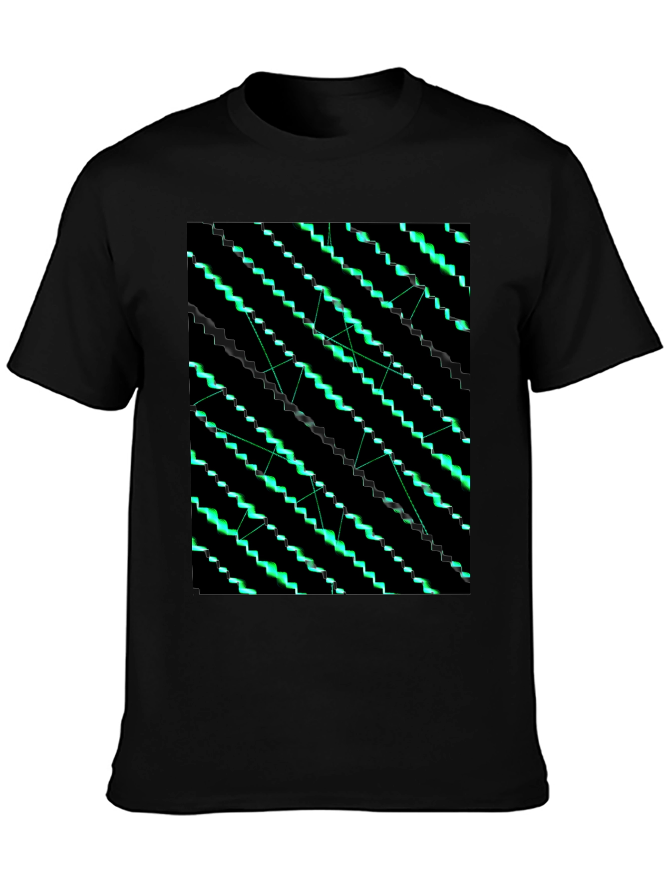 Geometric Green Pattern Black T-Shirt