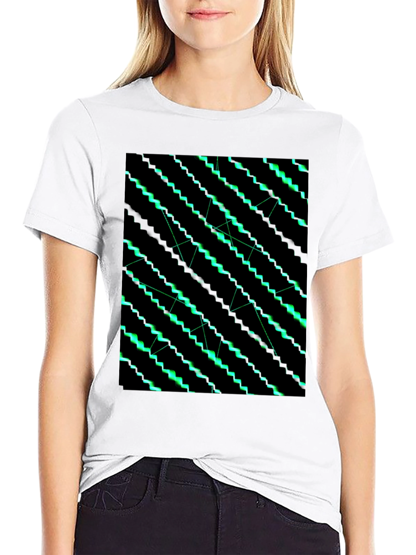 Geometric Green Pattern Black T-Shirt