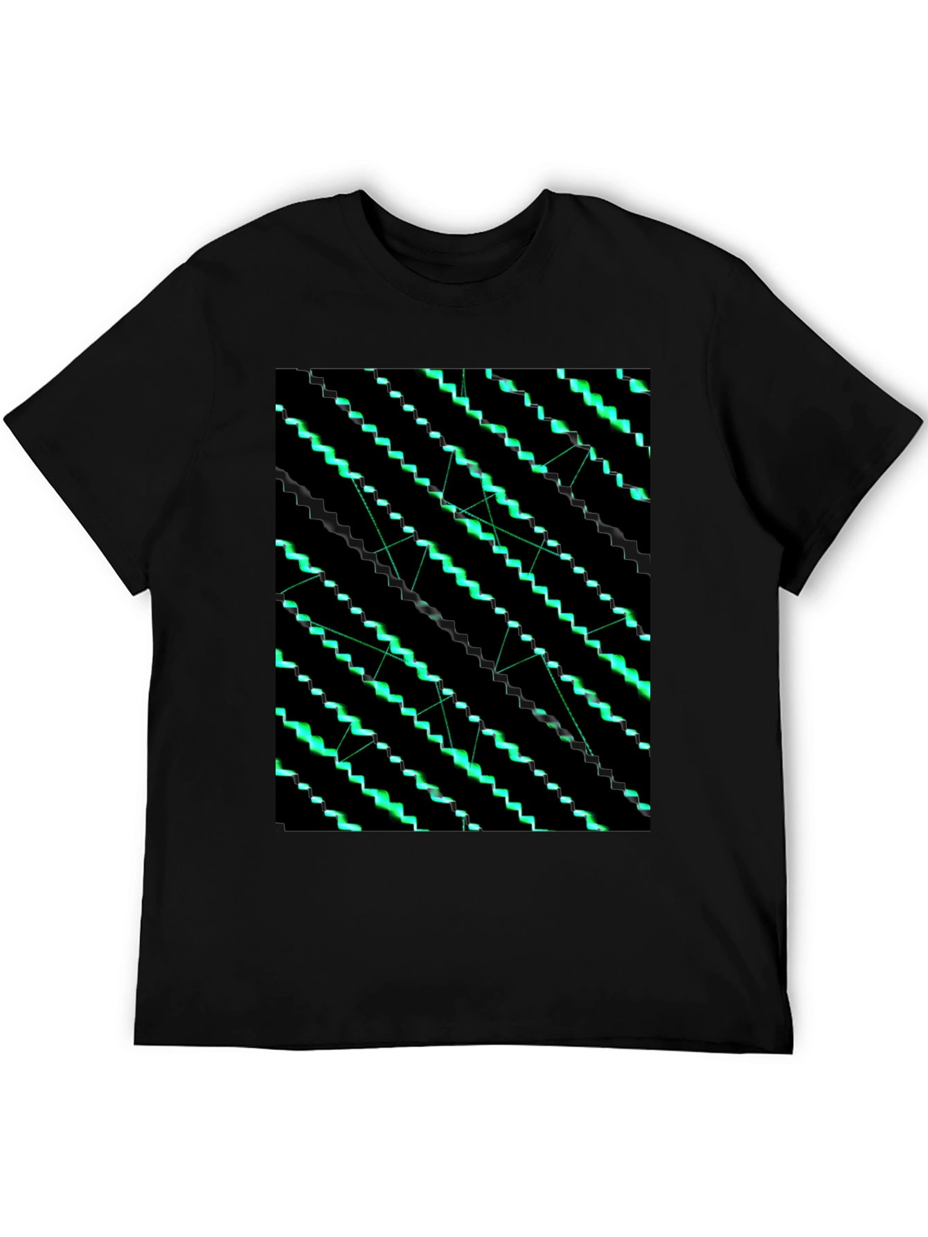 Geometric Green Pattern Black T-Shirt