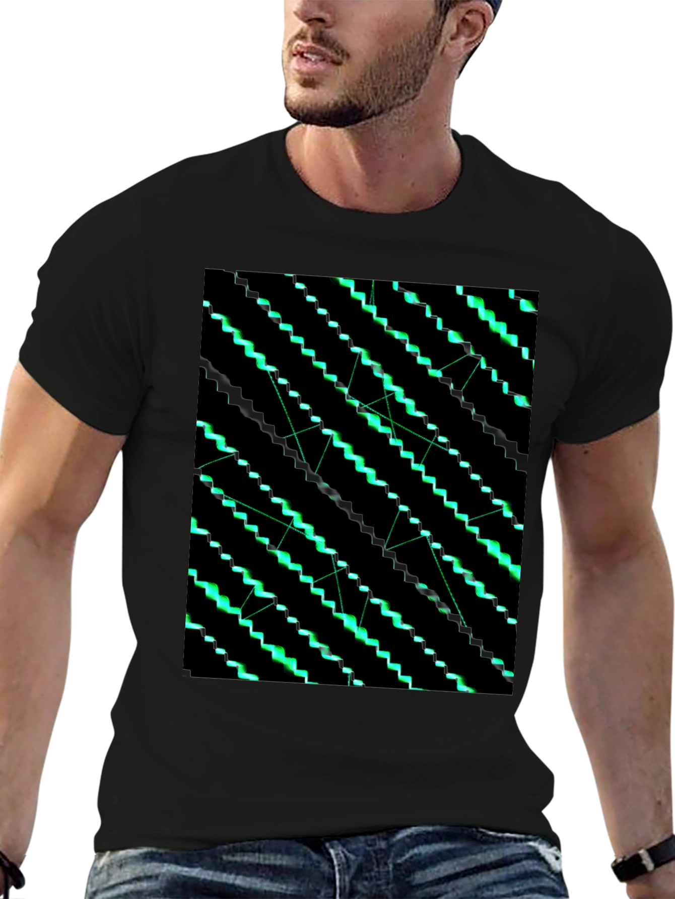 Geometric Green Pattern Black T-Shirt