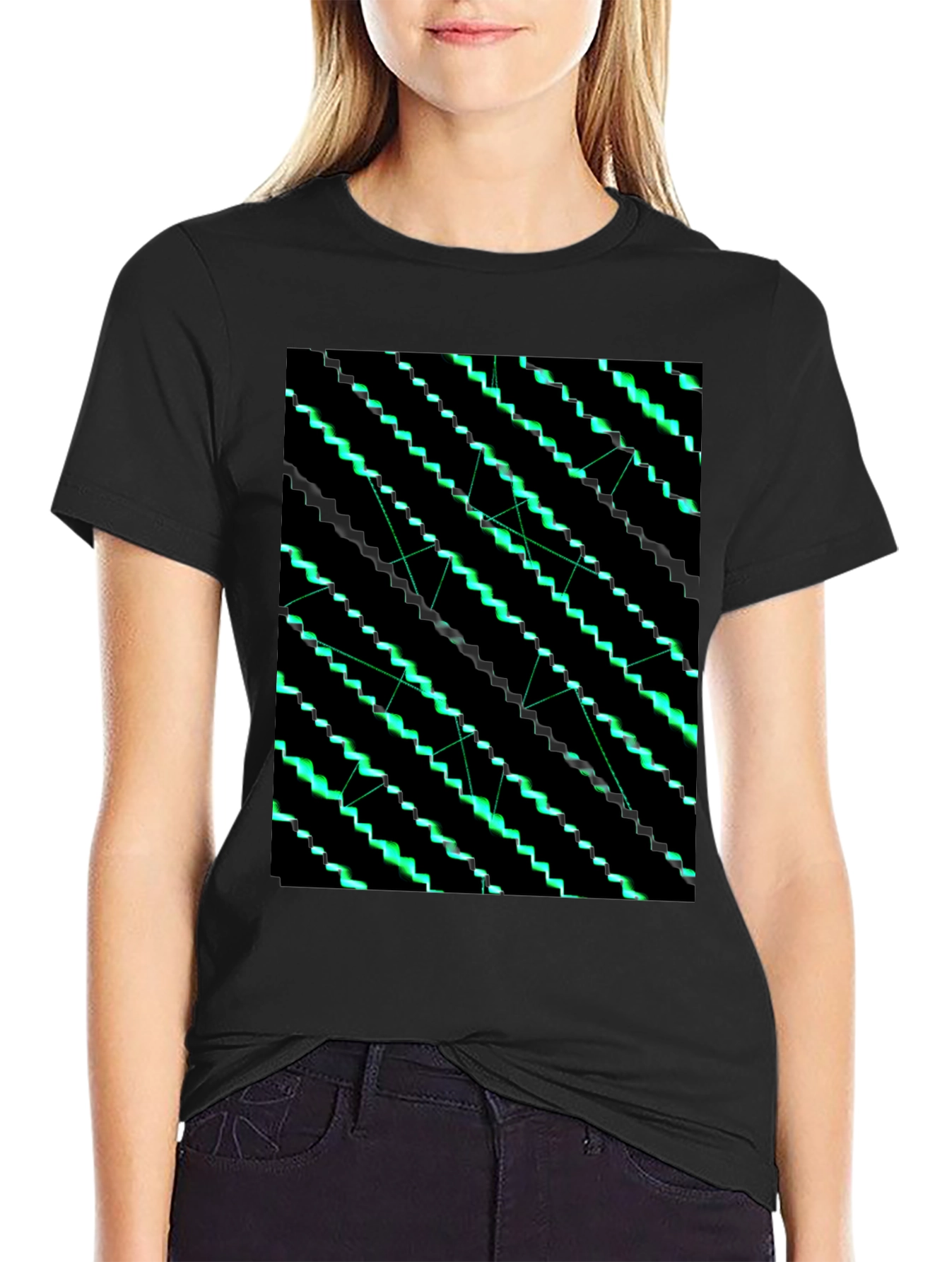 Geometric Green Pattern Black T-Shirt