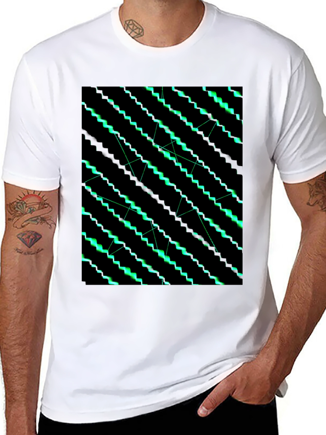 Geometric Green Pattern Black T-Shirt
