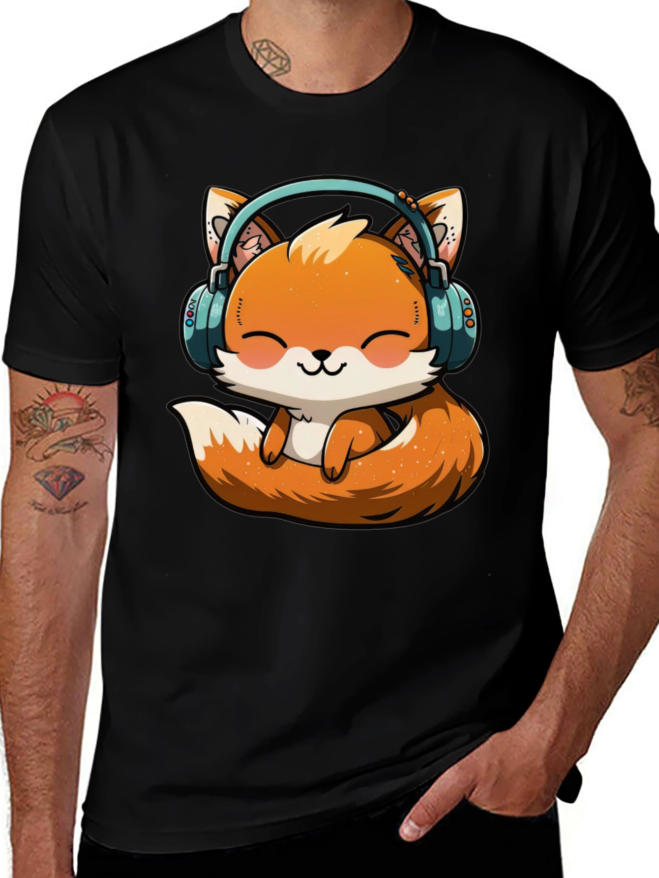 Cute Fox with Headphones Graphic T-Shirt