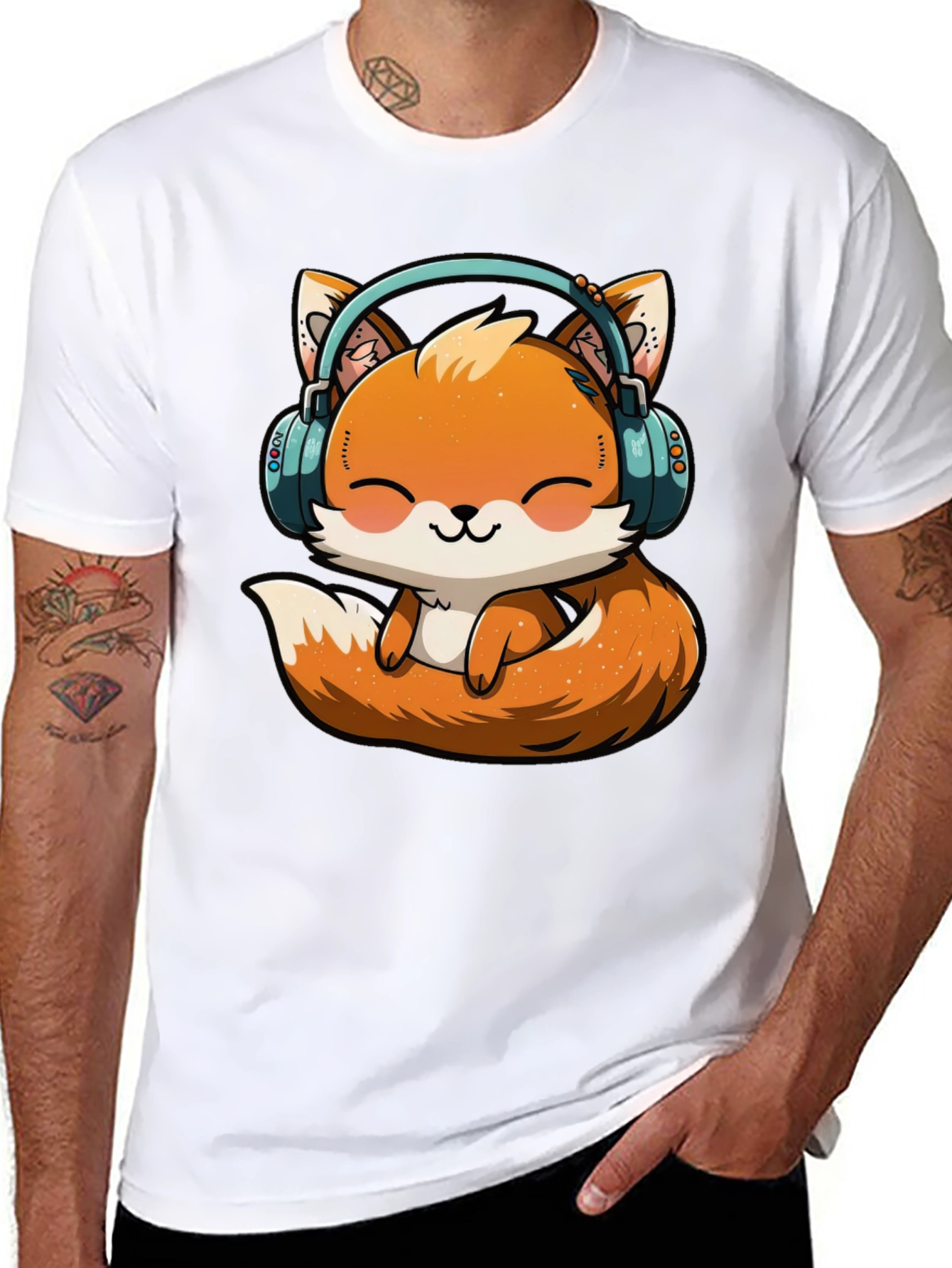Cute Fox with Headphones Graphic T-Shirt