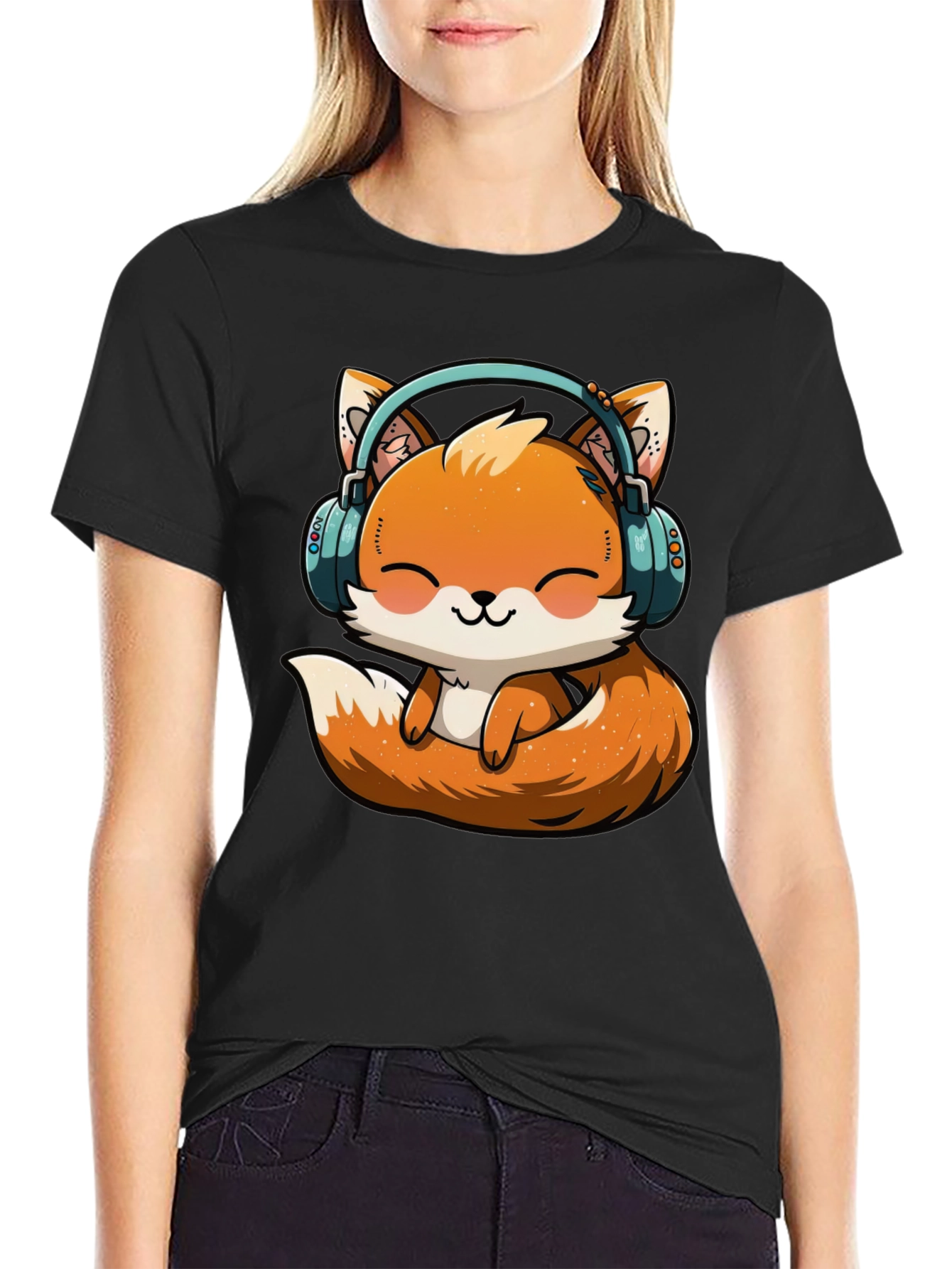 Cute Fox with Headphones Graphic T-Shirt