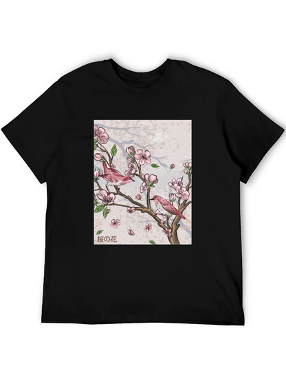 Cherry Blossom Bird Print Black T-Shirt