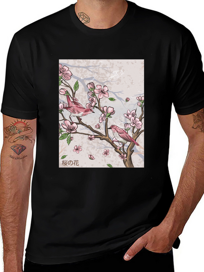 Cherry Blossom Bird Print Black T-Shirt