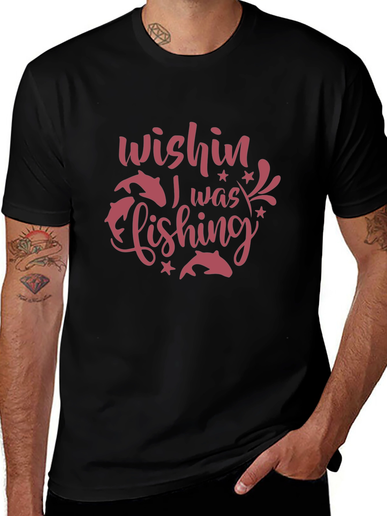 Wishin I Was Fishing Black Graphic Tee