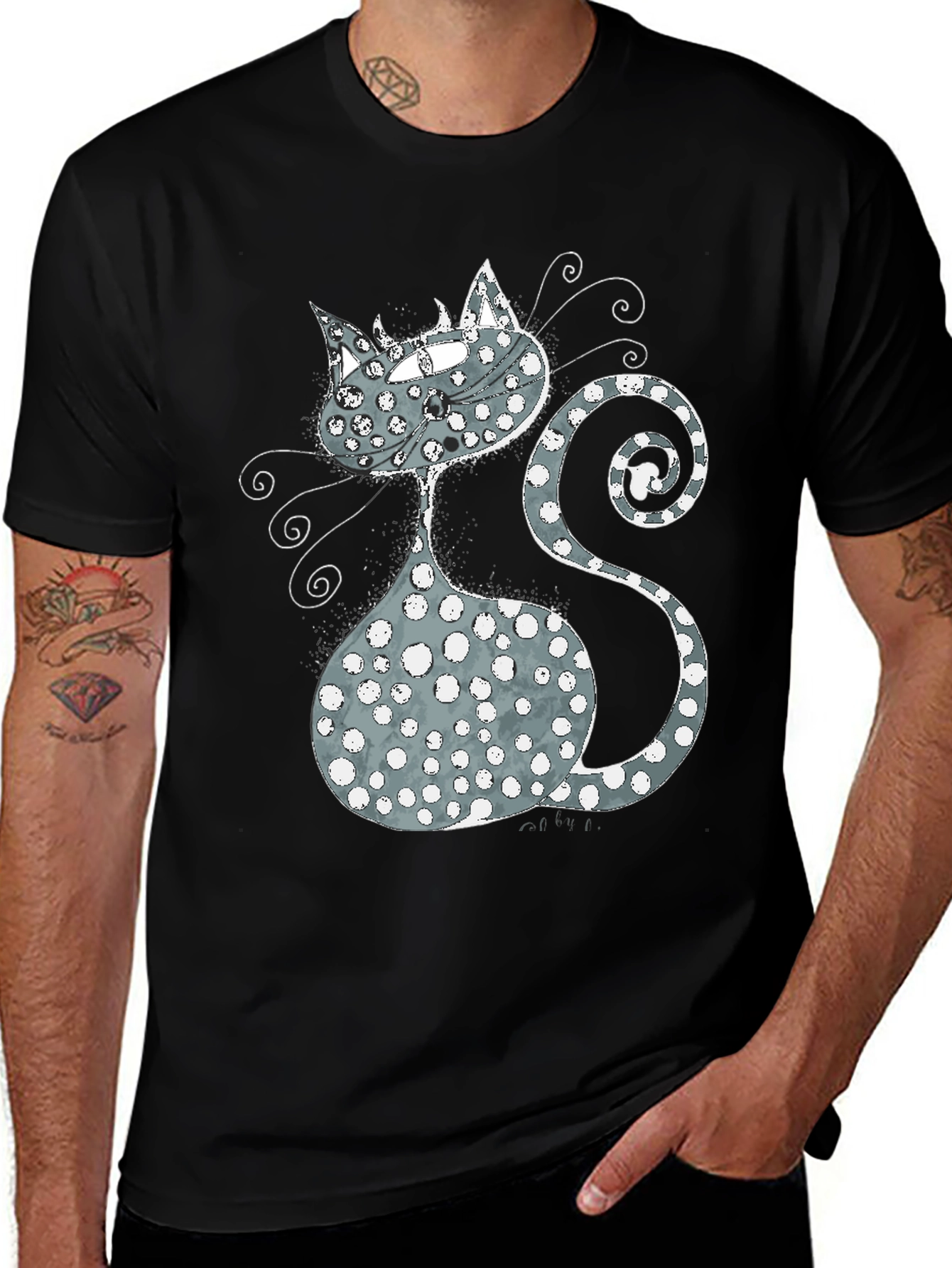 Whimsical Cat Graphic T-Shirt - Black