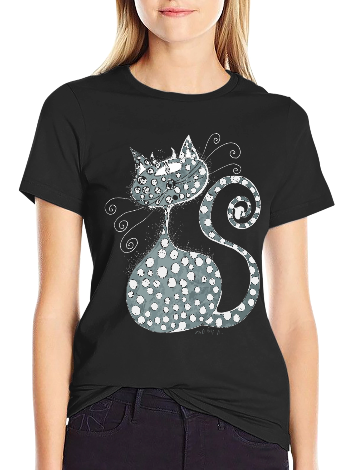 Whimsical Cat Graphic T-Shirt - Black