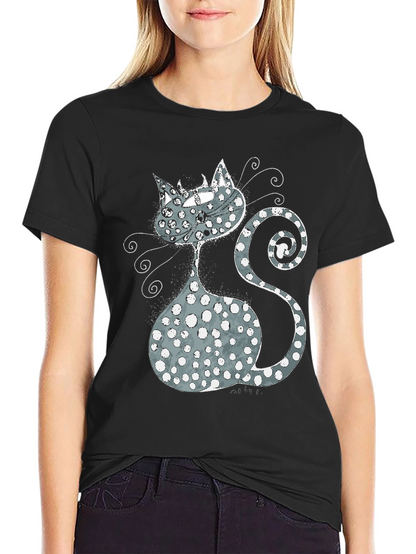 Whimsical Cat Graphic T-Shirt - Black