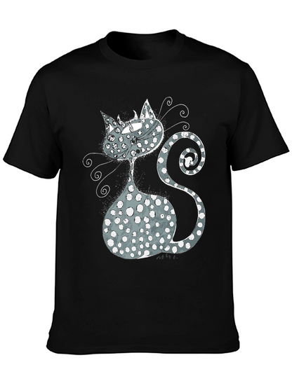 Whimsical Cat Graphic T-Shirt - Black