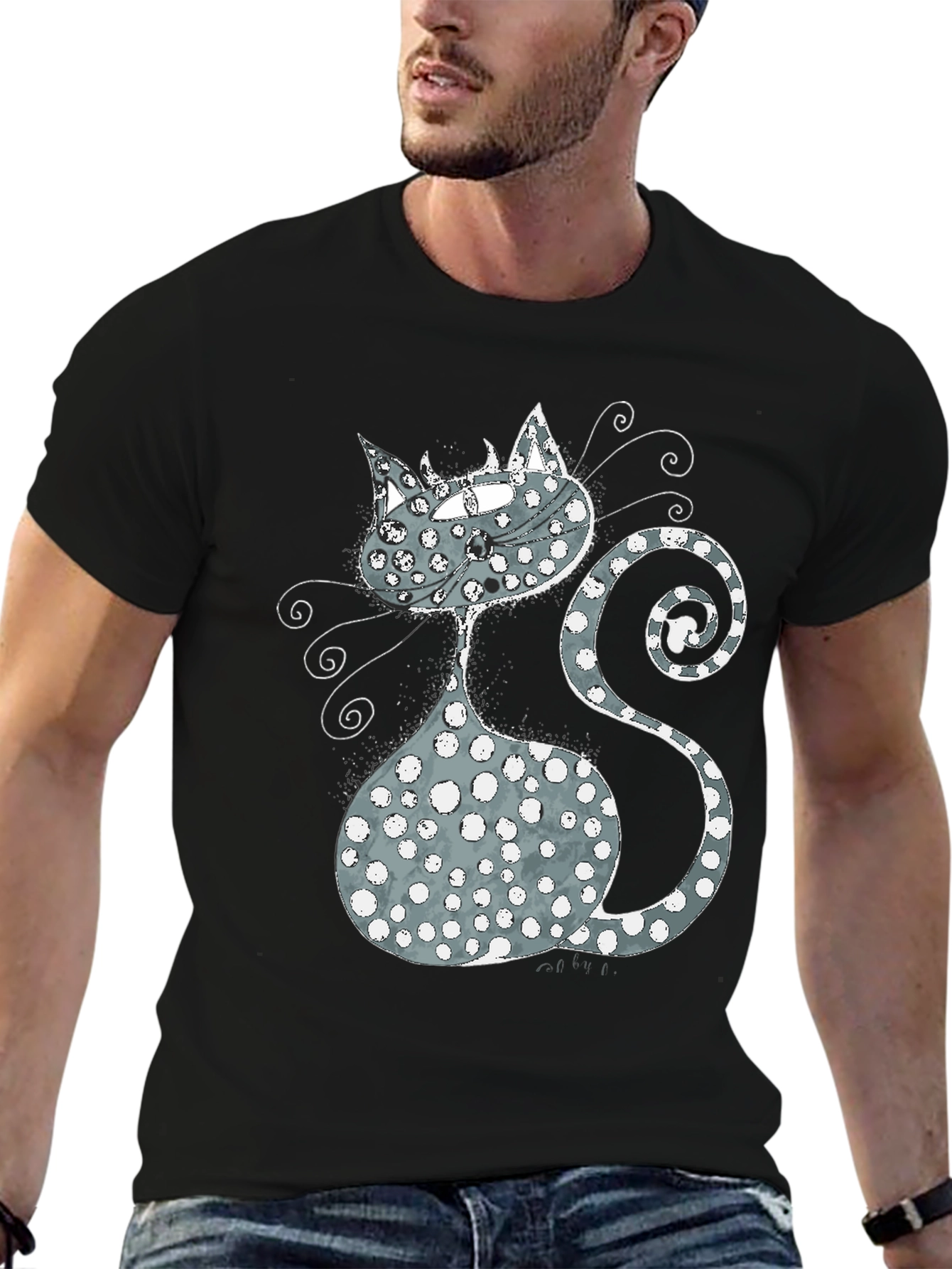 Whimsical Cat Graphic T-Shirt - Black