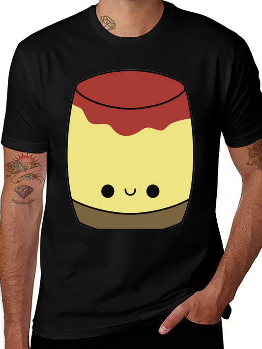 Cute Flan Dessert Cartoon Graphic Tee - Casual Black T-Shirt